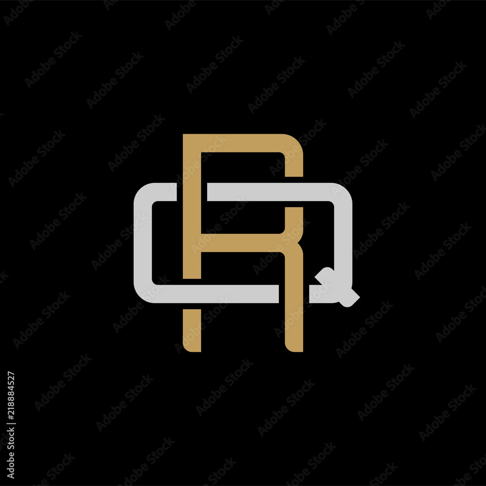 Initial letter Q and R, QR, RQ, overlapping interlock logo, monogram line art style, silver gold on black background