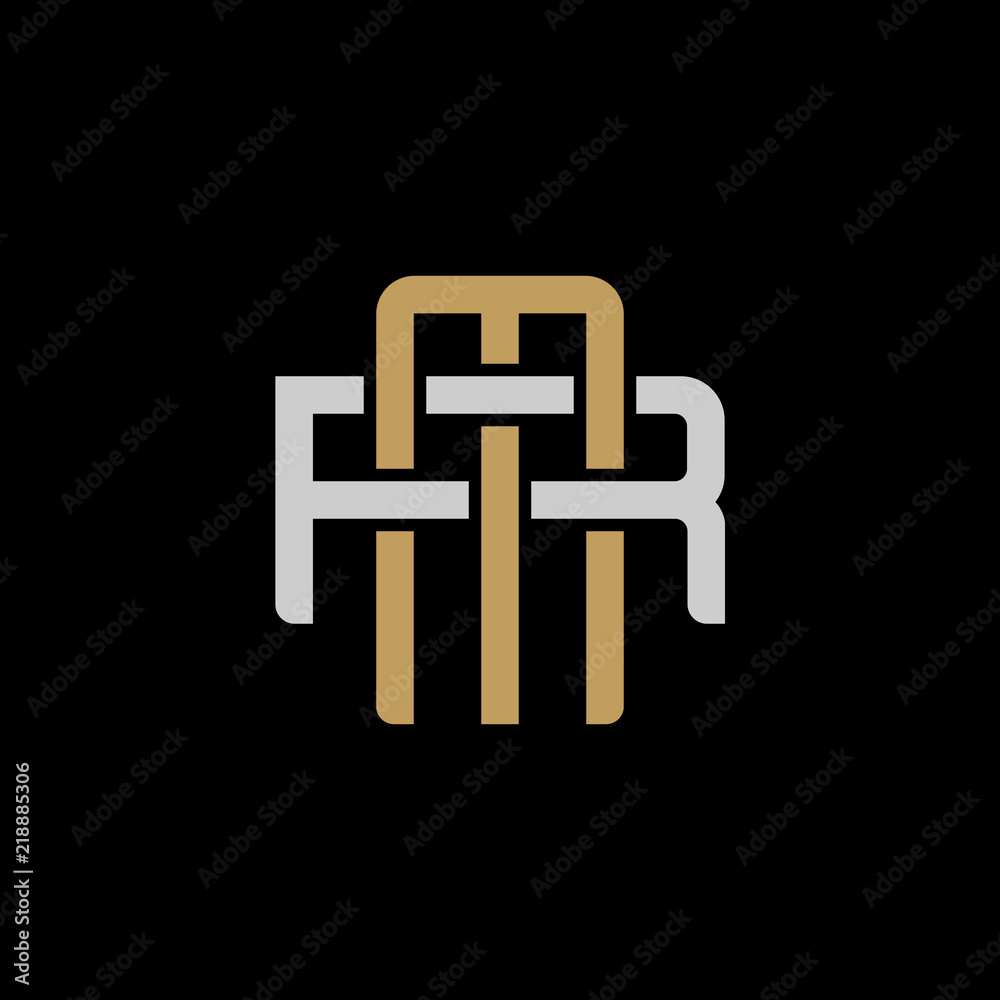 Initial letter R and M, RM, MR, overlapping interlock logo, monogram line art style, silver gold on black background