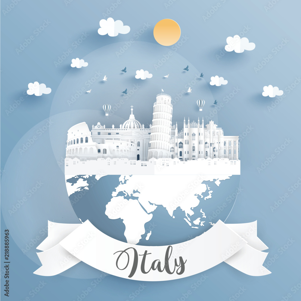 Paper cut style of world famous landmark of Italy on the earth with label. Vector illustration.