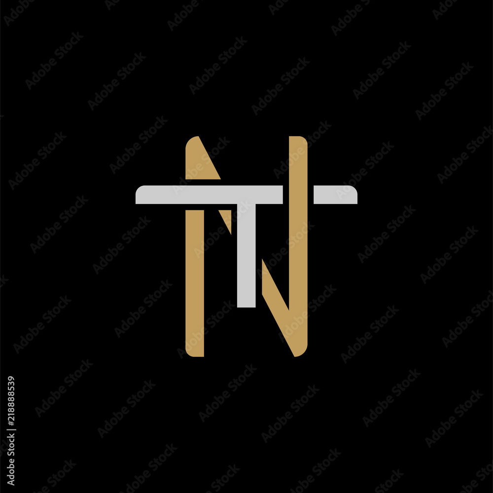 Initial letter T and N, TN, NT, decorative ornament emblem badge,  overlapping monogram logo, elegant luxury silver gold color on black  background Stock Vector