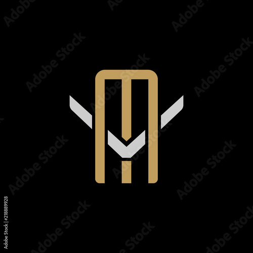Initial letter V and M, VM, MV, overlapping interlock logo, monogram line art style, silver gold on black background