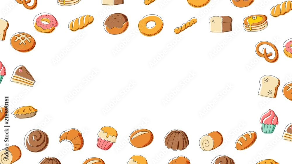 Bakery moving swirl frame pattern background cartoon hand drawing illustration isolated on white background seamless looping animation 4K, with center copy space Bakery moving swirl frame pattern background cartoon hand drawing illustration isolated on white background seamless looping animation 4K, with center copy space