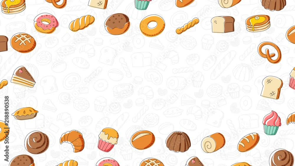 Bakery moving swirl frame pattern background cartoon hand drawing illustration isolated on white background seamless looping animation 4K, with center copy space Bakery moving swirl frame pattern background cartoon hand drawing illustration isolated on white background seamless looping animation 4K, with center copy space
