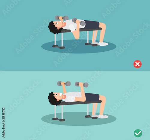 man wrong and right bench press posture,vector illustration