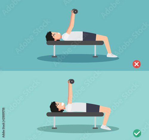 man wrong and right bench press posture,vector illustration