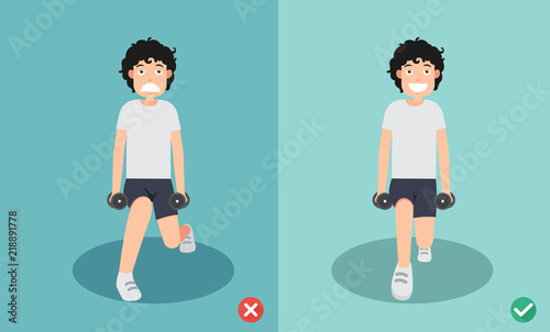 man wrong and right dumbbell lunge posture,vector illustration