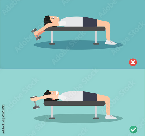 man wrong and right bench press  posture,vector illustration