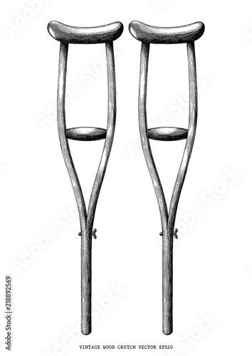 Slika na platnu Vintage wood crutch hand draw clip art isolated on white background
