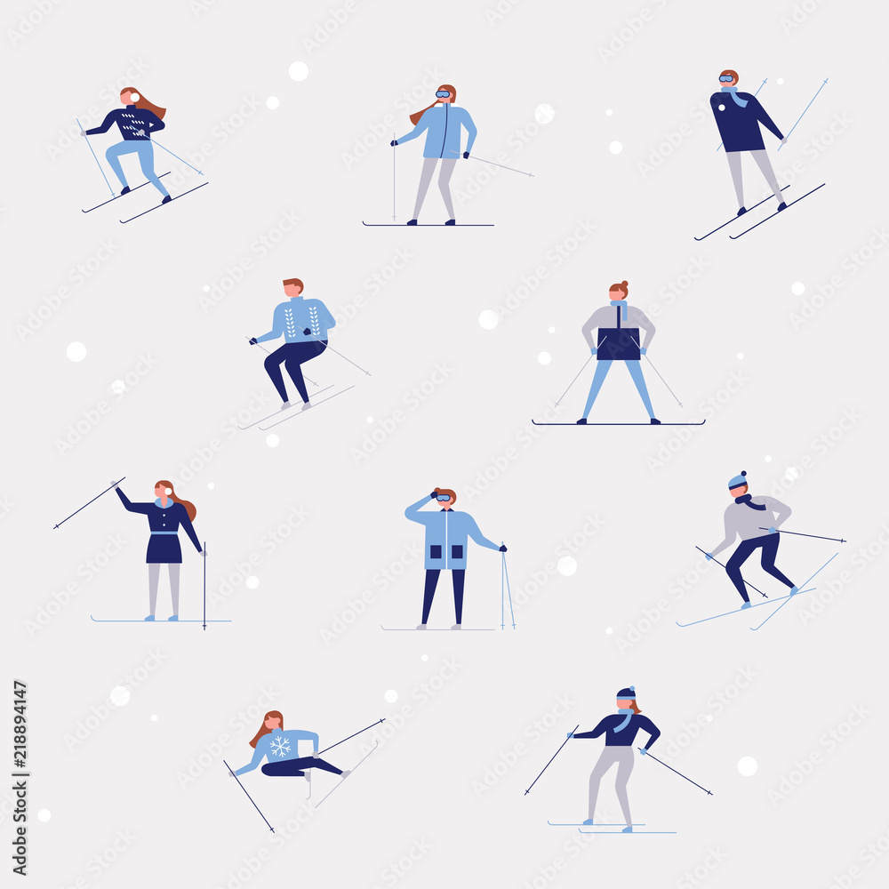 People skiing and snowboarding on the ski slopes. flat design style vector graphic illustration set