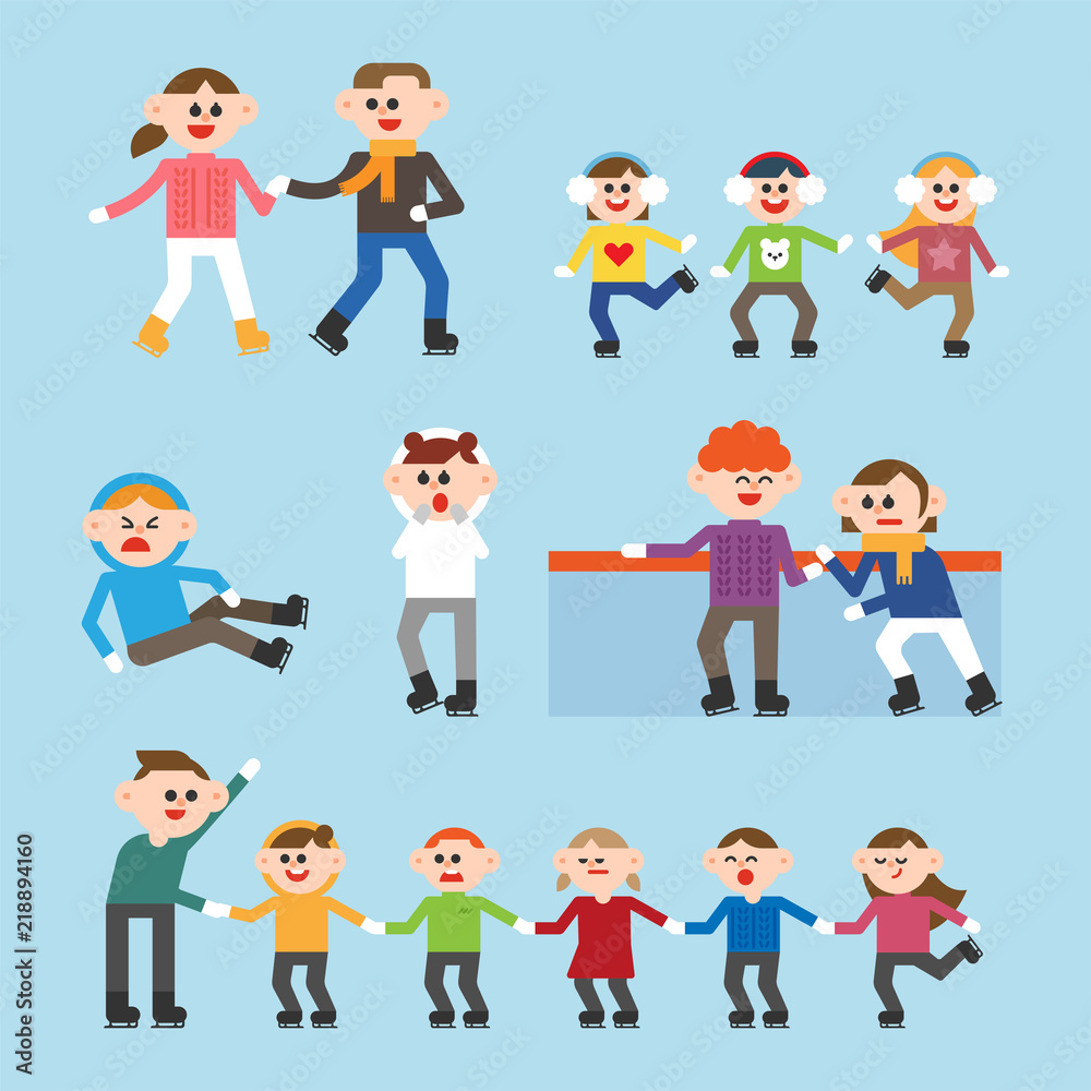 People of cute characters riding ice skates. flat design style vector graphic illustration set