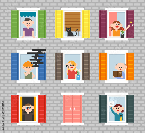 Various neighbors seen through the windows of the building walls. flat design style vector graphic illustration set