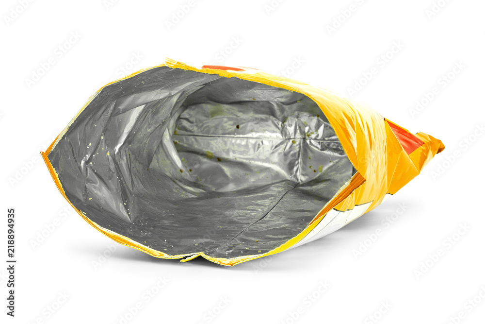 Potato chips bag isolated on white background. Inside of leftovers
