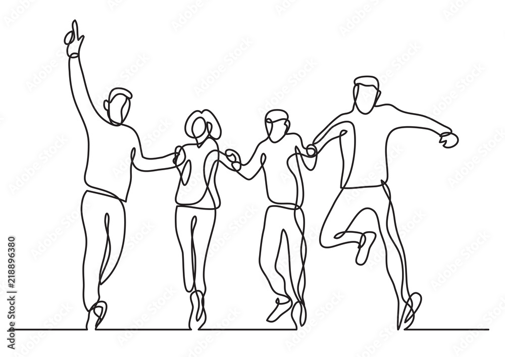 continuous line drawing of group of four people jumping