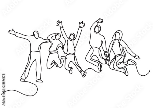 continuous line drawing of jumping team of people