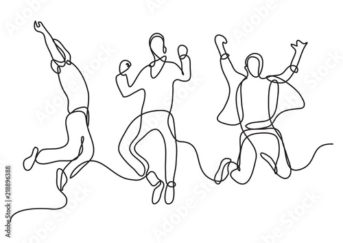 continuous line drawing of jumping team of young men