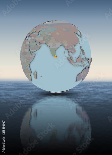 Sri Lanka on globe above water surface
