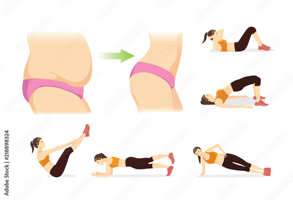 5 Moves to Burn belly fat to flat Stomach with workout. Illustration about body and exercise.