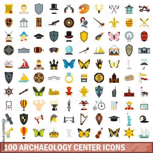 100 archaeology center icons set in flat style for any design vector illustration