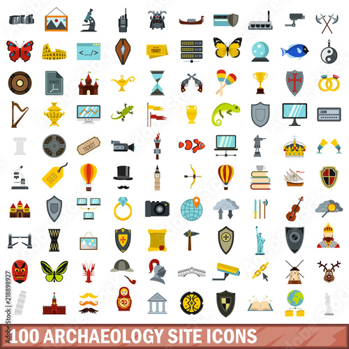 100 archaeology site icons set in flat style for any design vector illustration