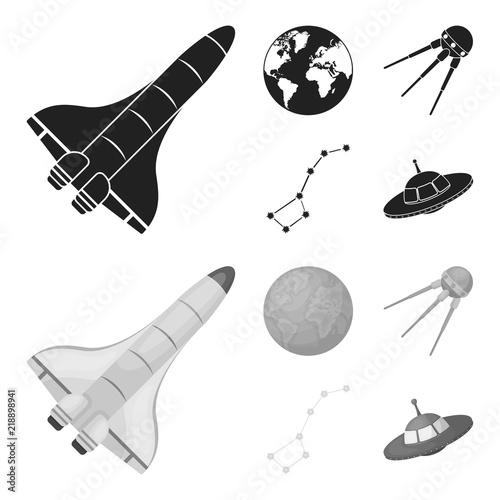 Planet Earth with continents and oceans, flying satellite, Ursa Major, UFO. Space set collection icons in black,monochrome style vector symbol stock illustration web.