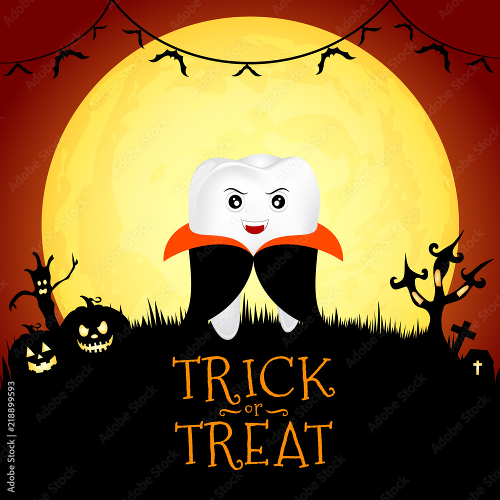 Funny cute cartoon tooth character. Dracula in moon night on halloween. Illustration for banner, poster, greeting card.