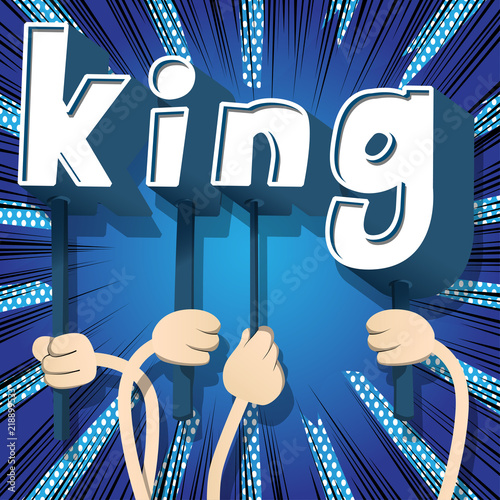 Diverse hands holding letters of the alphabet created the word King. Vector illustration.
