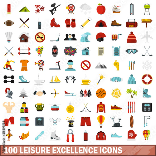 100 leisure excellence icons set in flat style for any design vector illustration