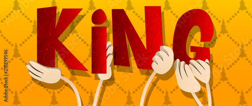 Diverse hands holding letters of the alphabet created the word King. Vector illustration.