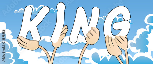 Diverse hands holding letters of the alphabet created the word King. Vector illustration.