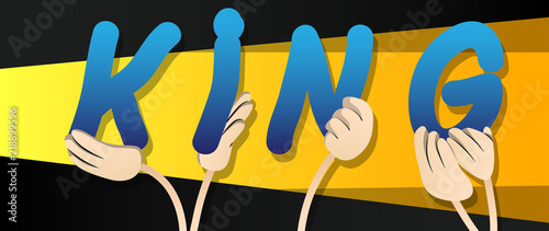Diverse hands holding letters of the alphabet created the word King. Vector illustration.