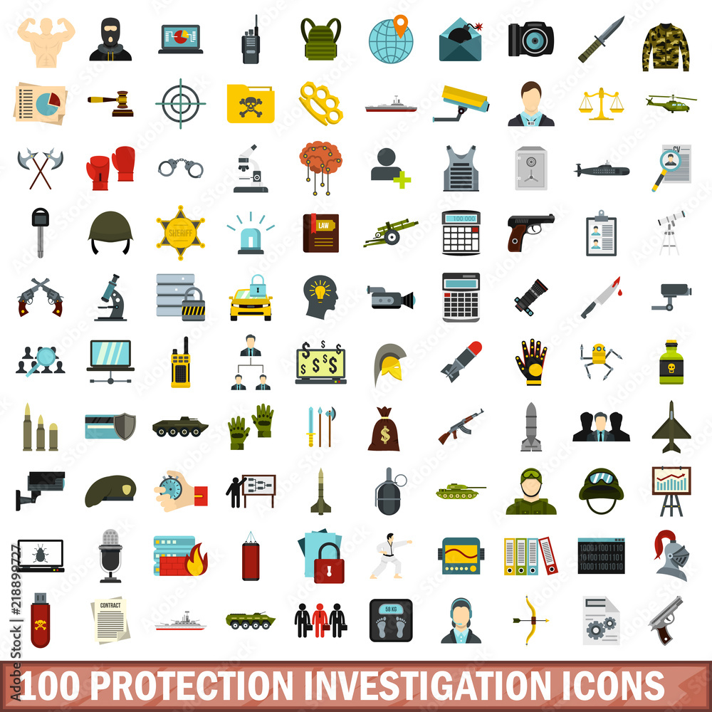 100 protection investigation icons set in flat style for any design vector illustration 100 protection investigation icons set in flat style for any design vector illustration