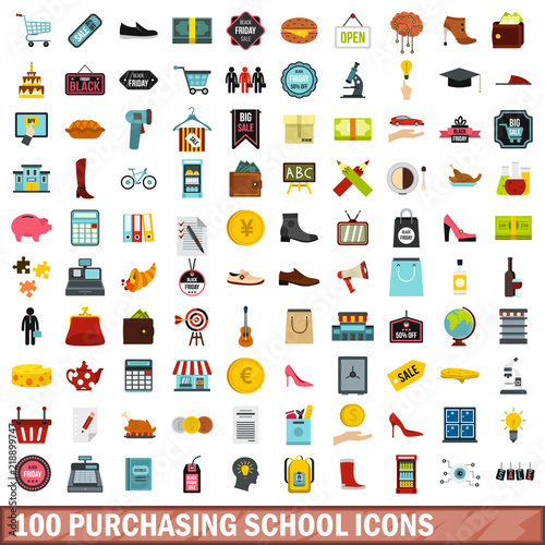 100 purchasing school icons set in flat style for any design vector illustration