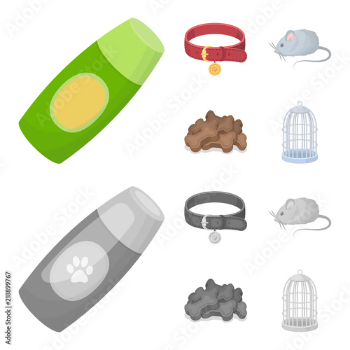 A collar, a forage, a toy, a cage and other products of the zoo store.Pet shop set collection icons in cartoon,monochrome style vector symbol stock illustration web.
