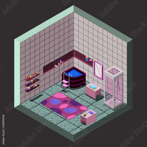 Vector isometric bathroom icon;  low poly home room;  isometric interior with glossy shower unit vanity basin mirror and soft bath mat vector illustration