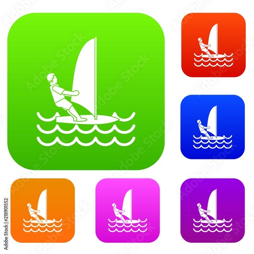 Man on windsurf set icon in different colors isolated vector illustration. Premium collection