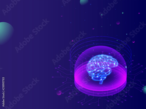 Machine learning concept, digital brain between purple rays on abstract blue background.