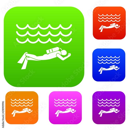 Scuba diver man in diving suit set icon in different colors isolated vector illustration. Premium collection