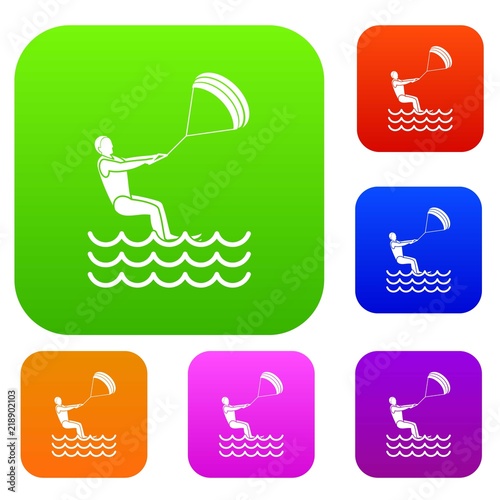 Man takes part at kitesurfing set icon in different colors isolated vector illustration. Premium collection