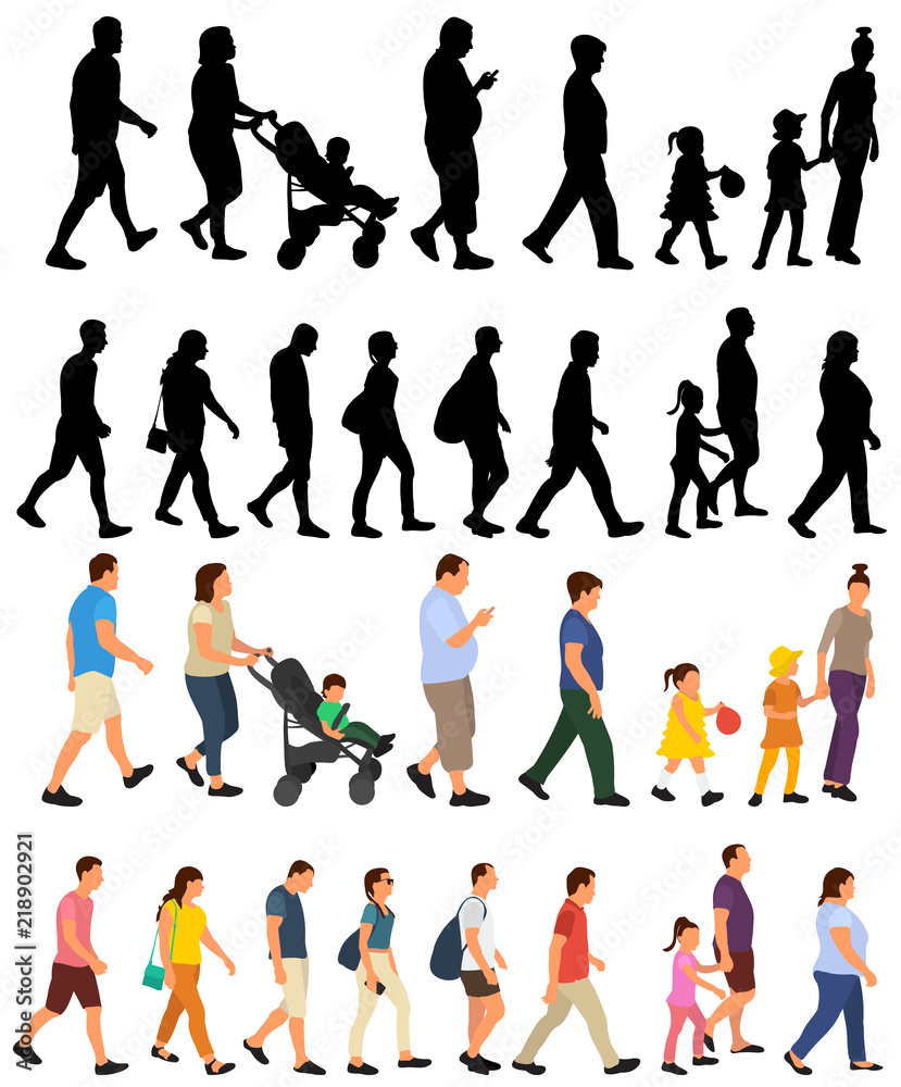 walking people with children, flat style, set walking people with children, flat style, set