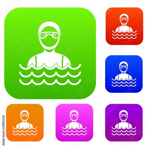 Scuba diver man in diving suit set icon in different colors isolated vector illustration. Premium collection