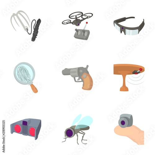Secret agent equipment icons set. Cartoon set of 9 secret agent equipment vector icons for web isolated on white background