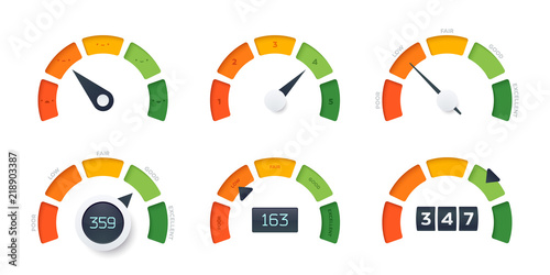 Credit Score vector gauges. 6 different design templates. Different arrow position and information display.