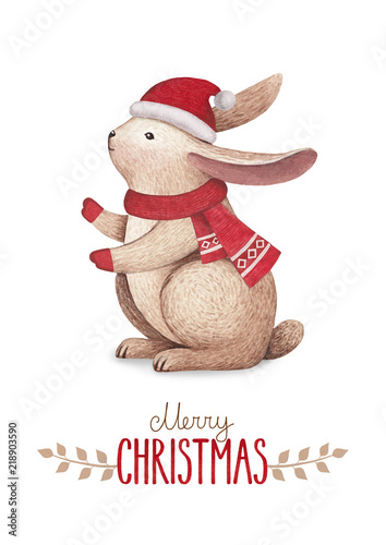 A watercolor illustration of the bunny. Perfect for Christmas greeting cards © Aleksandra Smirnova