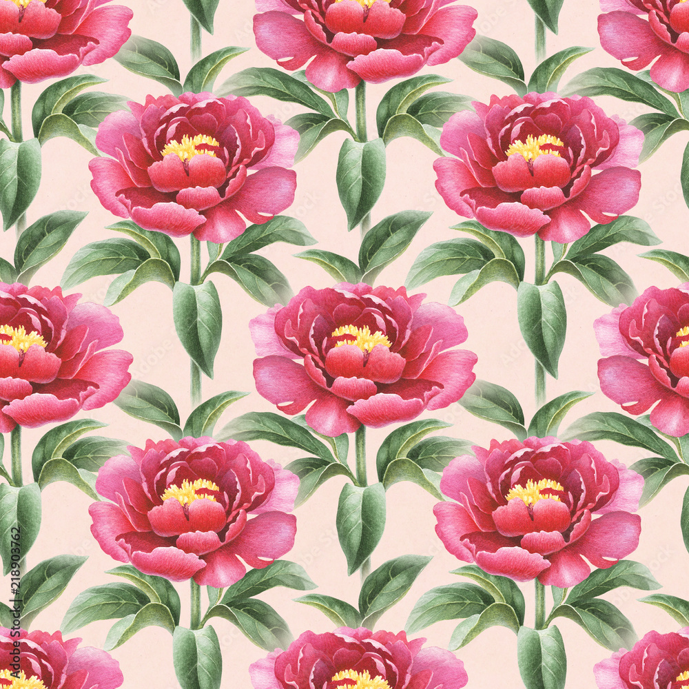 Watercolor peony flowers illustration. Seamless pattern