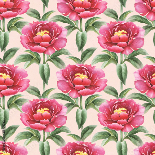 Watercolor peony flowers illustration. Seamless pattern