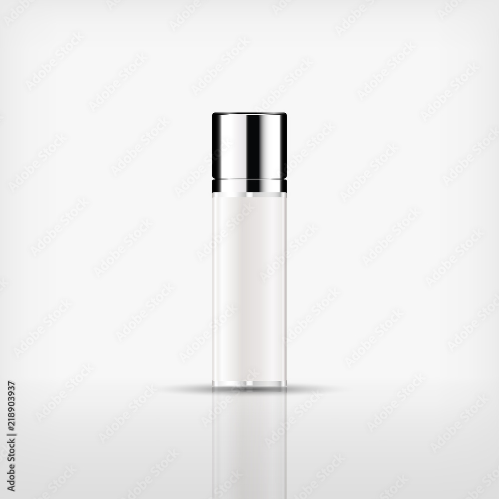 Isolated blank cosmetic bottle with silver cap on white background