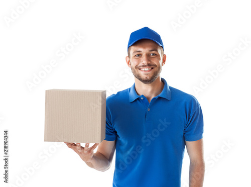 Deliveryman holding parcel box photo