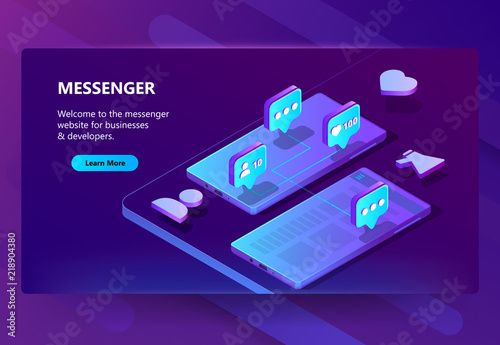 Vector 3d isometric template of site for messenger. Online chat business, development. Social service on smartphone for communication, messaging. Illustration in violet, ultraviolet color