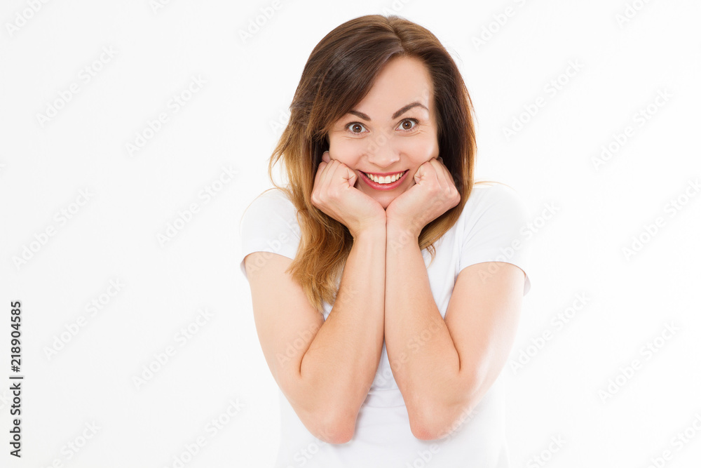 Excited girl because of big sales. Beautiful happy caucasian woman smiling isolated on white background. Copy space. Skin care concept Excited girl because of big sales. Beautiful happy caucasian woman smiling isolated on white background. Copy space. Skin care concept