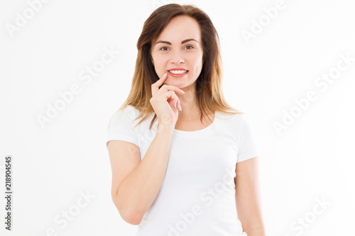 Young happy caucasian girl isolated on white background. Copy space. Mock up. Summer woman clothes blank template white t shirt.